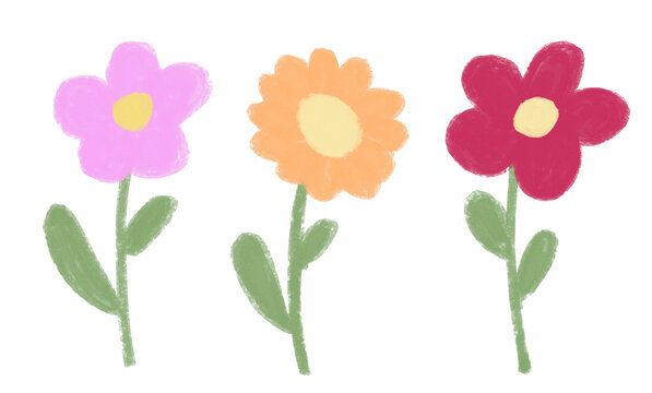 Hand drawn set of colorful flowers in pink, orange, and red with soft crayon textures.