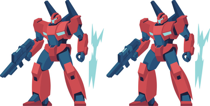 Futuristic military mech robot character vector set, sci-fi armored soldier warrior elements