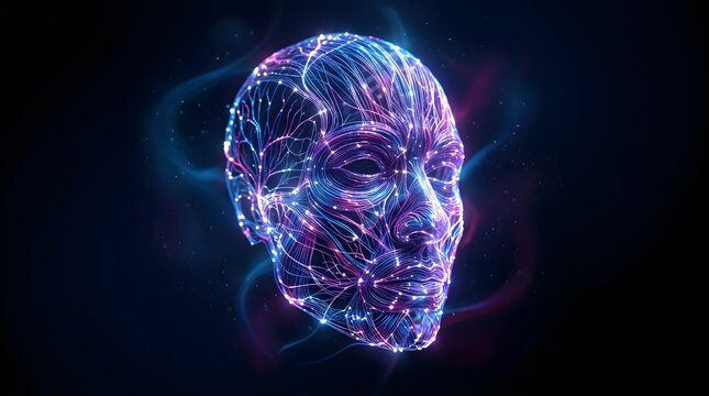 Human face contour with glowing neon neural nerve fiber networks.