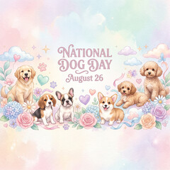 Fototapeta premium Pastel Watercolor National Dog Day August 26 Cute Puppies Frame with Copy Space Design