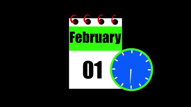 February month 01 date calendar icon animation. Animated Calendar Icon Showing Date Change with Clock Symbol Appointment Scheduling and Deadlines. Modern design calendar symbol background 4k video.