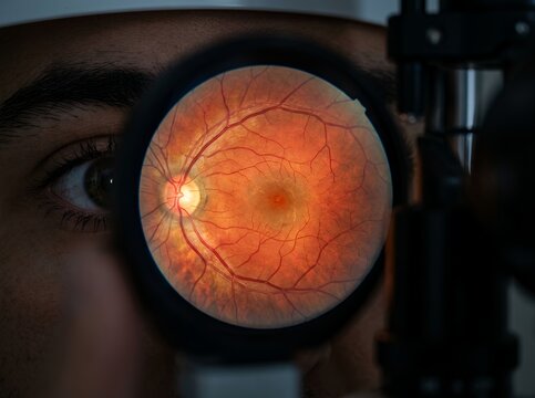 Close up of human eye retina during ophthalmology exam.