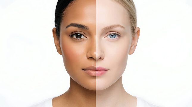 Split face portrait showing contrasting skin tones and eye colors desig
