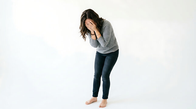 Embarrassed woman covering face isolated on white background for social mistake concept