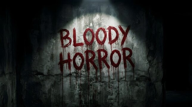 Spooky bloody horror text written on a dark textured wall in a spotlight for a scary halloween theme background design with a creepy atmosphere