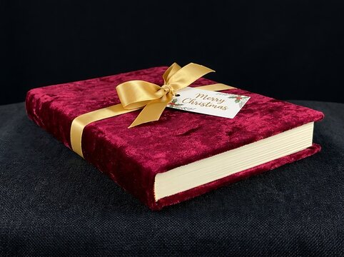 Red velvet book gift with gold satin ribbon and merry christmas tag on dark background.
