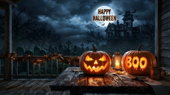 Spooky halloween scene featuring glowing jack o lanterns on a wooden porch with a haunted house silhouette and full moon in the dark night sky