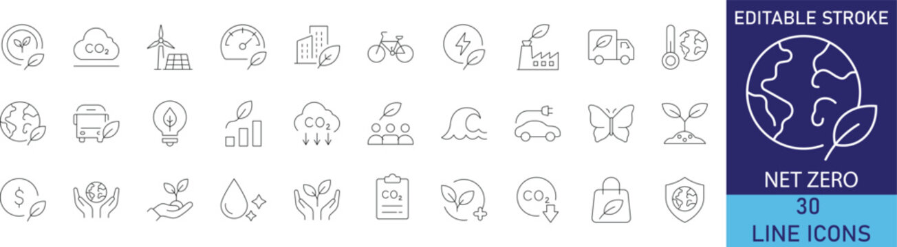Net zero carbon emission and climate action sustainability line icon set. Vector symbols for carbon neutral, renewable energy, eco footprint, green technology, and environmental conservation.