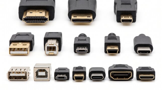 Assorted USB and HDMI connectors isolated on white. High-speed data and video cable ends for electronics and tech devices.