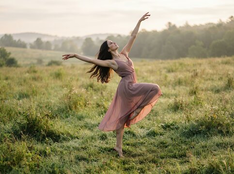 Graceful ballerina dancing in a sunlit field at dawn.