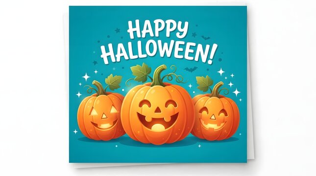 A festive illustration featuring three smiling carved pumpkins with glowing faces and the text happy halloween set against a vibrant teal blue background for celebration