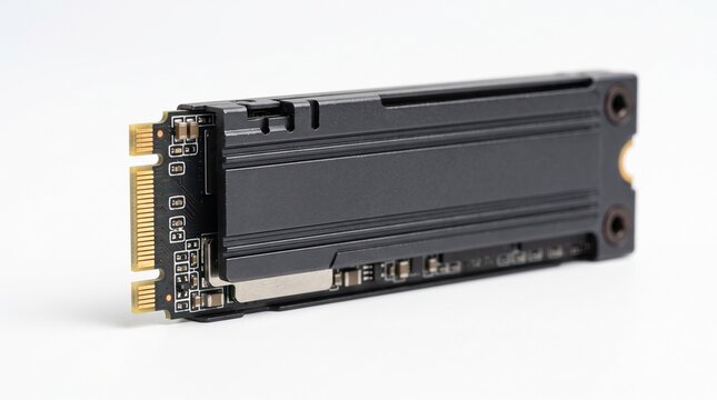 High-speed SSD storage drive isolated on white. Modern solid-state hard disk for fast data transfer and computer upgrades.