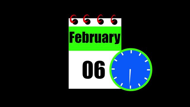 February month 06 date calendar icon animation. Animated Calendar Icon Showing Date Change with Clock Symbol Appointment Scheduling and Deadlines. Modern design calendar symbol background 4k video.