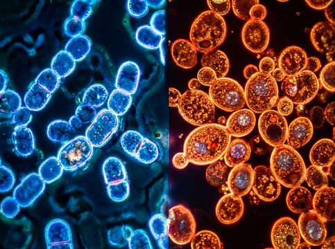 Microscopic view of bacteria and yeast cells under fluorescent lighting.