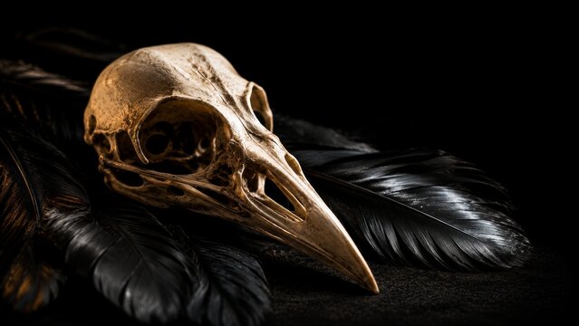 Golden Bird Skull on Dark Black Feathers