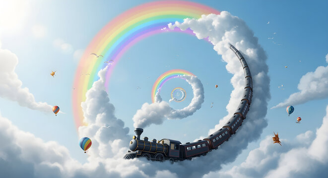 Steam train ascending through spiral clouds and rainbows in a fantasy sky with hot air balloons and birds