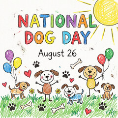 Fototapeta premium Kids Crayon Doodle Art of Funny Dogs with Balloons for National Dog Day