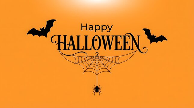 Decorative happy halloween greeting card design featuring elegant typography with flying bats and a small spider on a vibrant orange background for seasonal holiday celebration