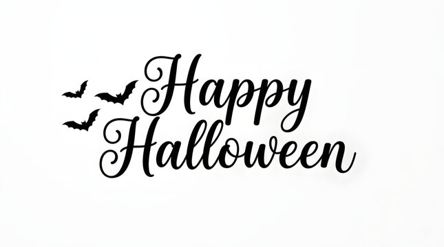 A decorative black calligraphy text design that says happy halloween accompanied by small flying bat silhouettes isolated on a clean white background for holiday projects
