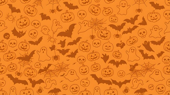Seamless pattern background featuring spooky bats and jack o lantern pumpkins in orange colors perfect for festive halloween party decorations and digital wrapping paper designs