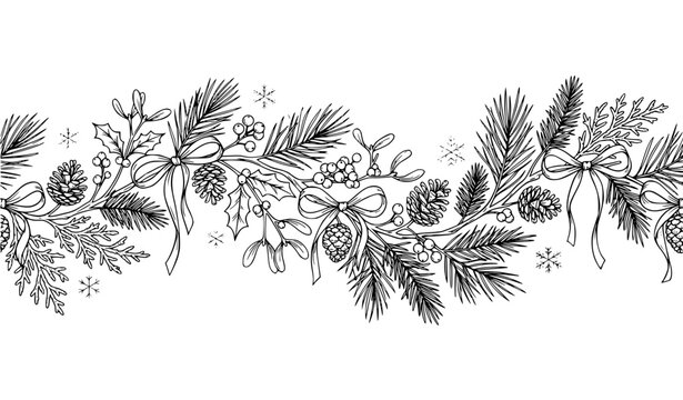 Christmas Pine Branch Garland Hand Drawn Outline Vector with Spruce Twigs and Winter Berries
