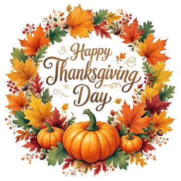 Colorful happy thanksgiving day greeting card with pumpkins and autumn leaves arrangement design