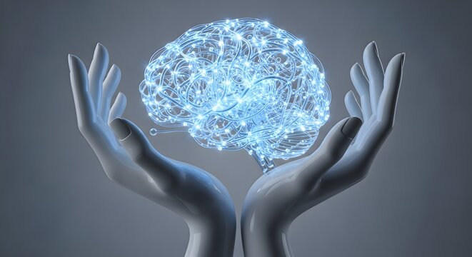 Symmetrical composition of open hands holding an intelligent digital blue brain network mesh 3D