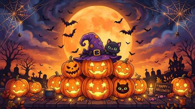 A festive halloween scene featuring glowing carved pumpkins and a black cat wearing a witch hat under a large full moon in the night sky