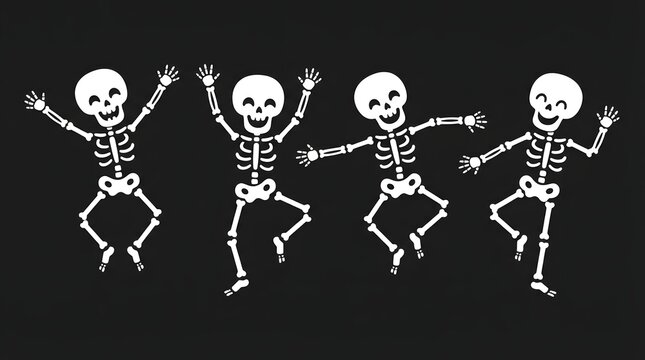 A festive collection of four cute cartoon skeletons dancing together in a joyful pose for a fun and spooky halloween celebration design on black background