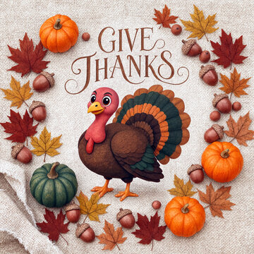 Cute cartoon turkey surrounded by autumn leaves pumpkins and acorns with give thanks text design