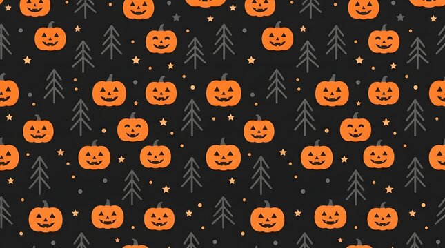 Seamless pattern background featuring cute orange jack o lanterns with various funny expressions for festive halloween holiday decorations and creative digital graphic design project textures