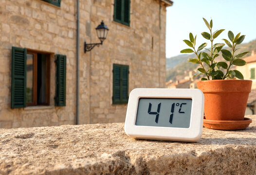 Digital thermometer showing high outdoor temperature beside potted plant in historic stone village setting