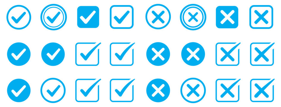 Green check mark and red cross icon set, circle and square. Tick symbol in green color. Hand drawn checkmark illustration. set button correct right wrong buttons or yes or no checkmark