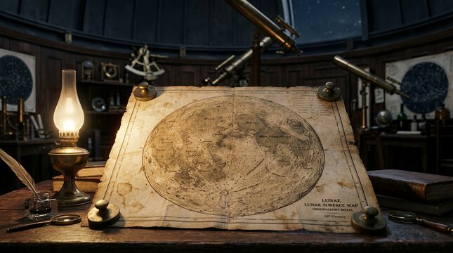 Vintage astronomy observatory with celestial map and telescope.