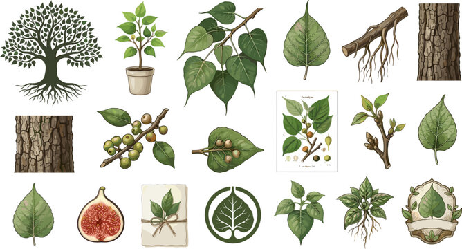 Sacred Bodhi Tree and Ficus Religiosa Botanical Vector Set Featuring Heart Shaped Leaves Garden Pots Textured Bark Cross Sections and Organic Logo Emblems