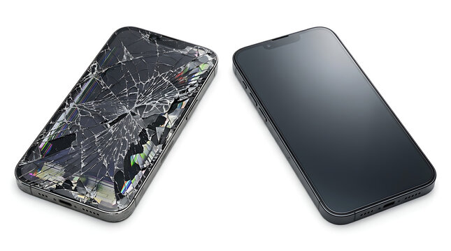 Broken phone vs new smartphone comparison isolated on white background for device upgrade