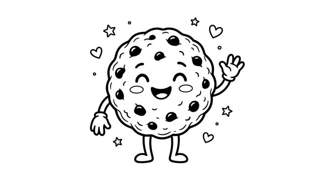 Cheerful chocolate chip cookie character waving for a children coloring page design.