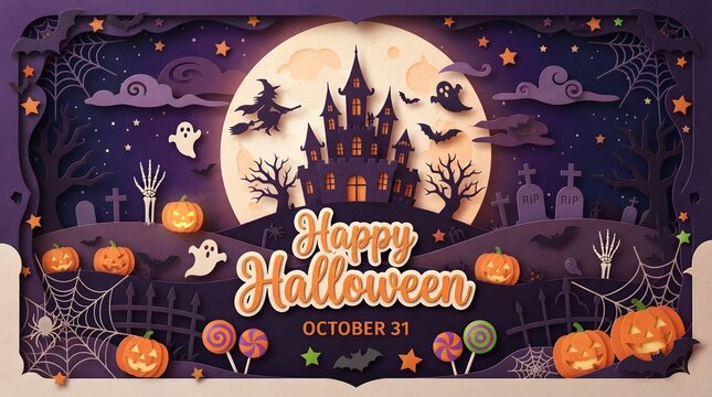 A festive happy halloween background featuring a spooky haunted castle silhouette under a full moon with ghosts bats pumpkins and candy for seasonal holiday celebrations