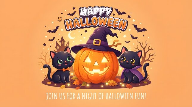 Cute cartoon illustration featuring a glowing jack o lantern pumpkin wearing a witch hat surrounded by two adorable black kittens for a fun halloween celebration