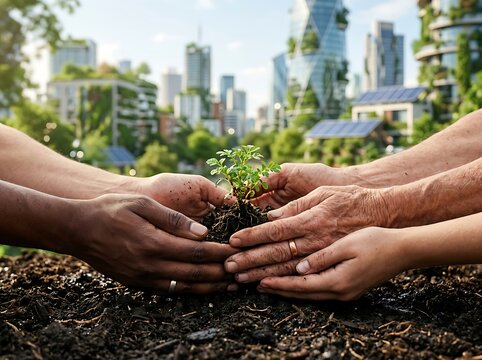 Diverse hands planting young tree sapling in soil.