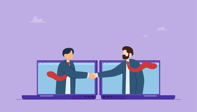Businessman partner from computer laptop handshaking teamwork. Handshake agreement for business partnership or remote job interview, online negotiation or client deal collaboration virtual meeting.