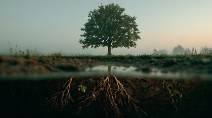 Obraz premium Single Green Tree Overground And Roots Underground With Foggy Horizon In A Rural Meadow Landscape