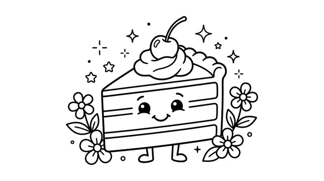 Cute cake slice coloring page with flowers and stars for kids art activity design.