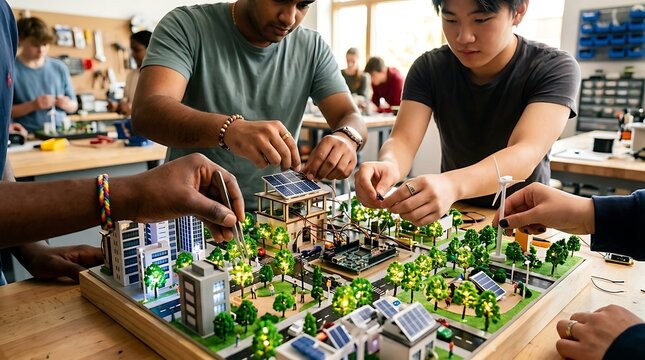Diverse students building sustainable scale city model together.