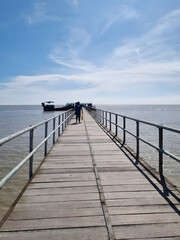 Fototapeta premium Long wooden pier extending into calm ocean waters. Scenic coastal walkway with metal railings for safety and leisure strolls.