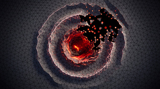 Fractured gray orb revealing a glowing red molten core