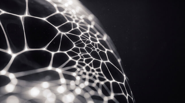 Glowing white cellular web wrapping around a dark abstract sphere