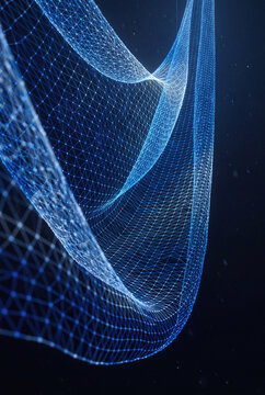 Flowing blue wireframe net folding into a glowing V-shaped fold