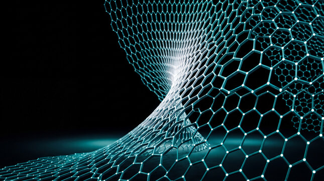 Teal hexagonal mesh twisting from a flat sheet into a glowing tube
