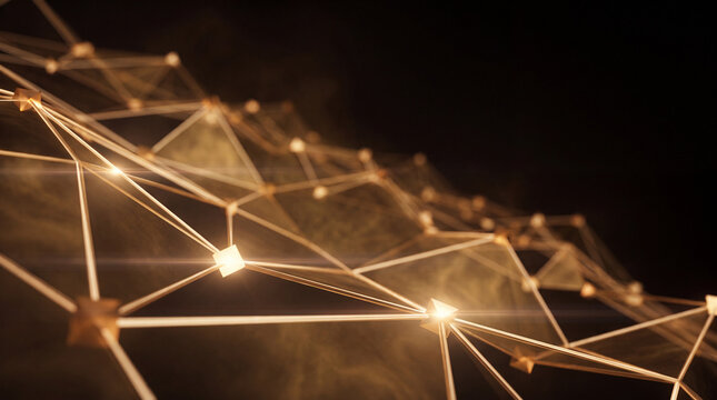 Golden triangular network truss glowing with bright crystal nodes